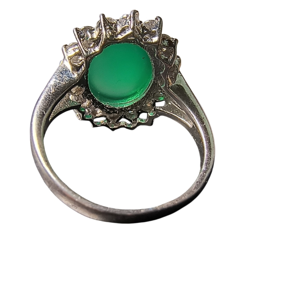 Sterling Silver Chrysoprase Halo Ring with Sparkling Clear Stones, Split Shank - Picture 8 of 11